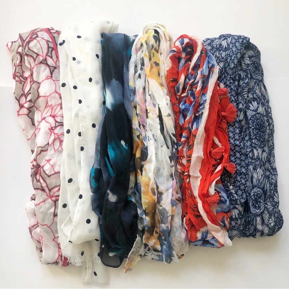 Collection of 6 Scarves - Patterned, Floral, Polka Dot, Abstract, Tassels